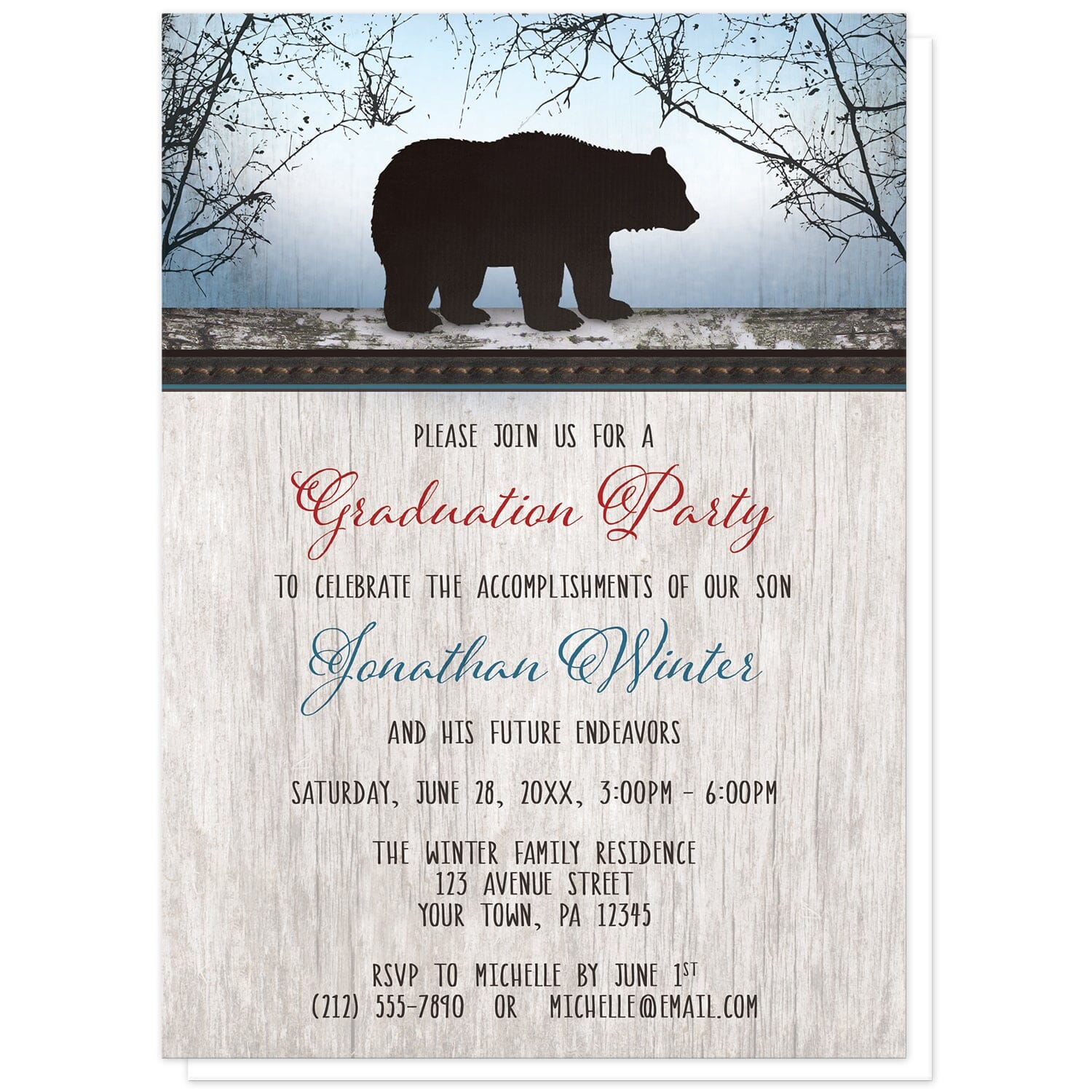 Rustic Bear Wood Red Blue Graduation Party Invitations at Artistically Invited. Rustic bear wood red blue graduation party invitations with a dark silhouette bear on wooden log at the top, over a blue background with trees and a wood watermark. Your personalized graduation party details are custom printed in red, blue, and dark brown over a light rustic wood texture background below the bear design.