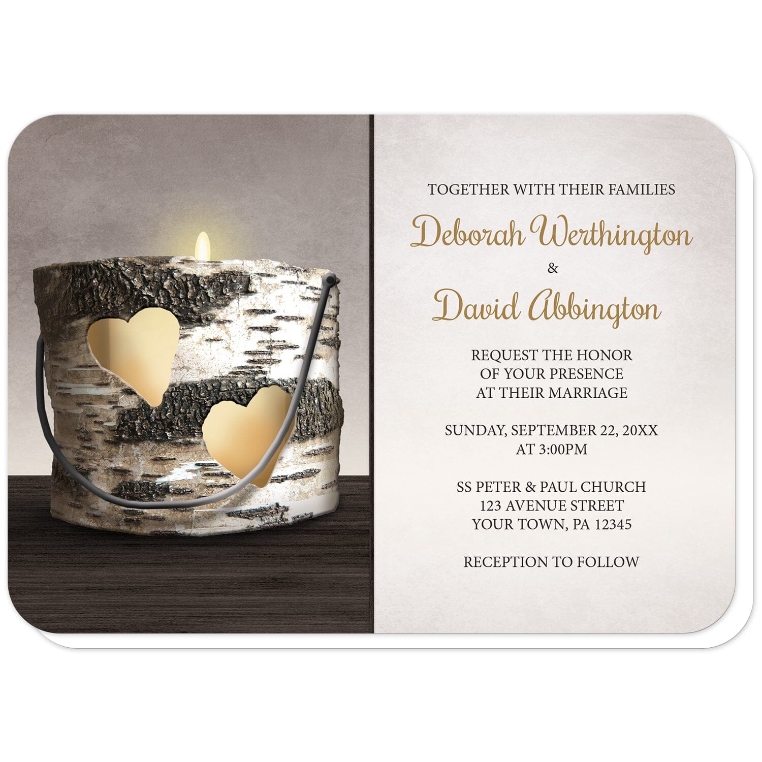 Rustic Birch Candle Hearts Wedding Invitations (with rounded corners) at Artistically Invited. Southern-inspired rustic birch candle hearts wedding invitations with an illustration of a white birch bark candle holder, with two hearts cut from it revealing a candle lit inside of it, on a dark wood grain tabletop over a mocha beige background. Your personalized marriage celebration details are custom printed in gold and brown over a lighter beige background to the right of the birch candle.