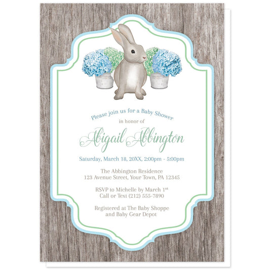 Rustic Blue Green Hydrangea Rabbit Baby Shower Invitations at Artistically Invited. Rustic blue green hydrangea rabbit baby shower invitations with a watercolor-inspired illustration of cute little brown bunny rabbit with blue and green hydrangea floral arrangements in tin buckets behind it. Your personalized baby shower celebration details will be custom printed in blue, green, and brown in the white frame area, outlined with blue and green, over a rustic brown wood background.