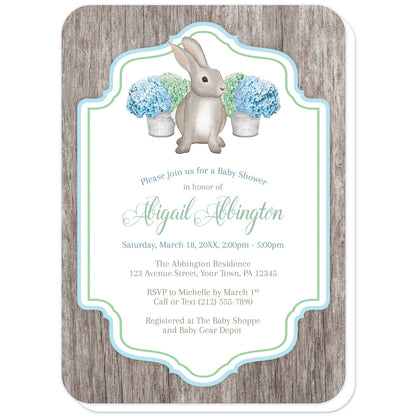 Rustic Blue Green Hydrangea Rabbit Baby Shower Invitations (with rounded corners) at Artistically Invited. Rustic blue green hydrangea rabbit baby shower invitations with a watercolor-inspired illustration of cute little brown bunny rabbit with blue and green hydrangea floral arrangements in tin buckets behind it. Your personalized baby shower celebration details will be custom printed in blue, green, and brown in the white frame area, outlined with blue and green, over a rustic brown wood background.