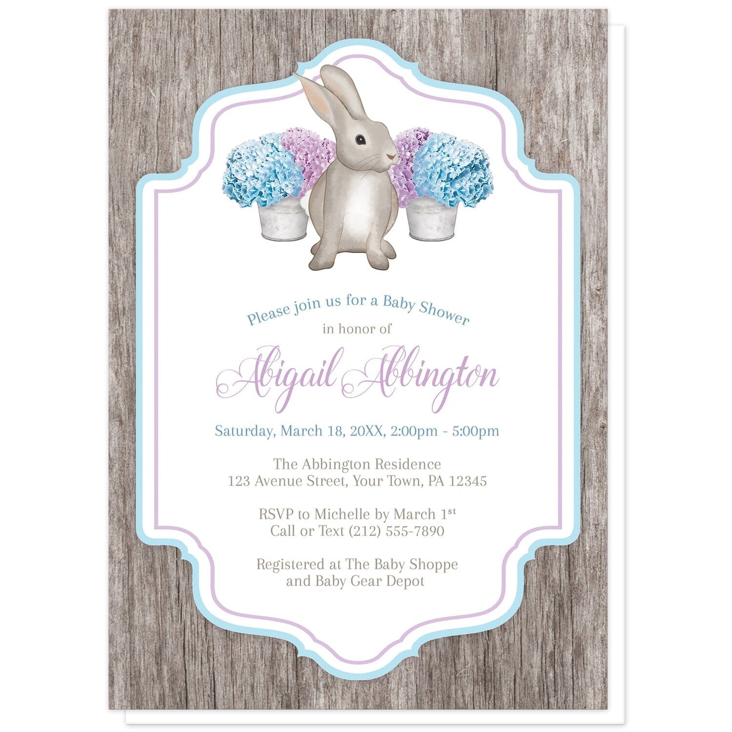 Rustic Purple Blue Hydrangea Rabbit Baby Shower Invitations at Artistically Invited. Rustic purple blue hydrangea rabbit baby shower invitations with a watercolor-inspired illustration of cute little brown bunny rabbit with purple and blue hydrangea floral arrangements in tin buckets. Your personalized baby shower celebration details will be custom printed in purple, blue, and brown in the white frame area, outlined with purple and blue, over a rustic brown wood background.