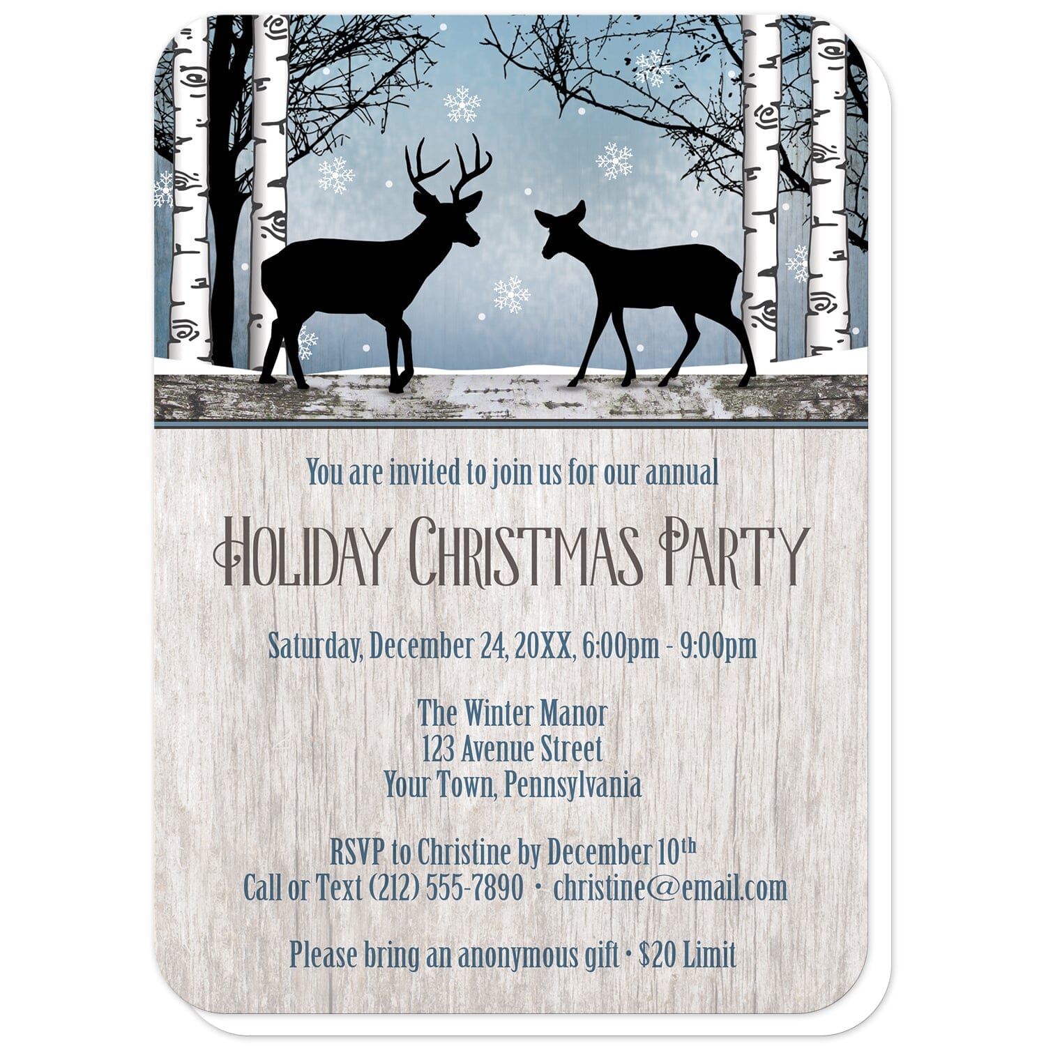 Rustic Blue Winter Deer Christmas Party Invitations (with rounded corners) at Artistically Invited. Rustic blue winter deer Christmas party invitations with two silhouettes of deer surrounded by white birch trees over a snowy blue background with snowflakes. One silhouette is of a buck deer with antlers while the other is a gentle doe, meeting in the middle. Your personalized holiday party details are custom printed in blue and brown over a light country wood background.
