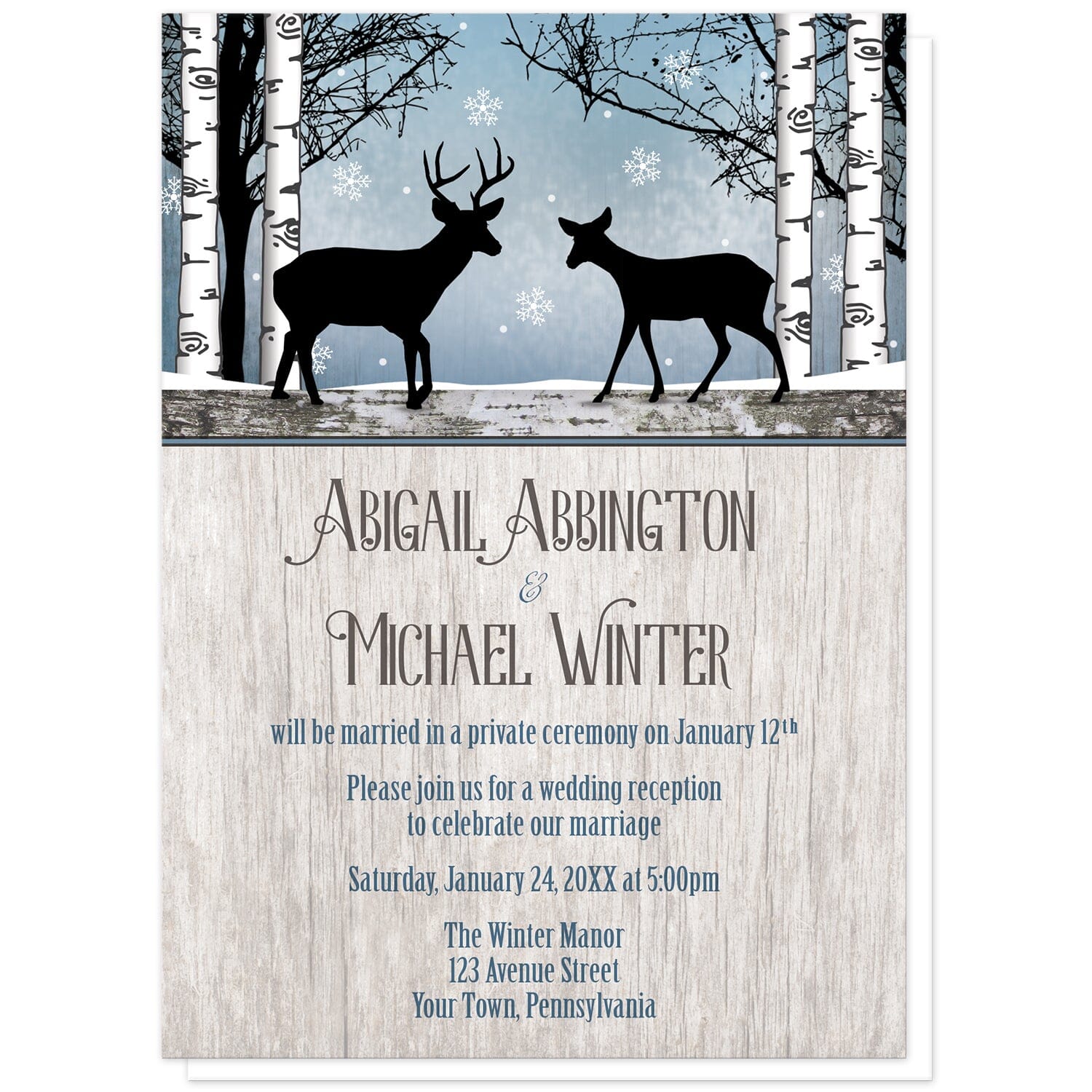 Rustic Blue Winter Deer Reception Only Invitations at Artistically Invited. Rustic blue winter deer reception only invitations with two silhouettes of deer surrounded by white birch trees over a snowy blue background with snowflakes. One silhouette is of a buck deer with antlers while the other is a gentle doe, meeting in the middle. Your personalized post-wedding reception details are custom printed in blue and brown over a light country wood background.