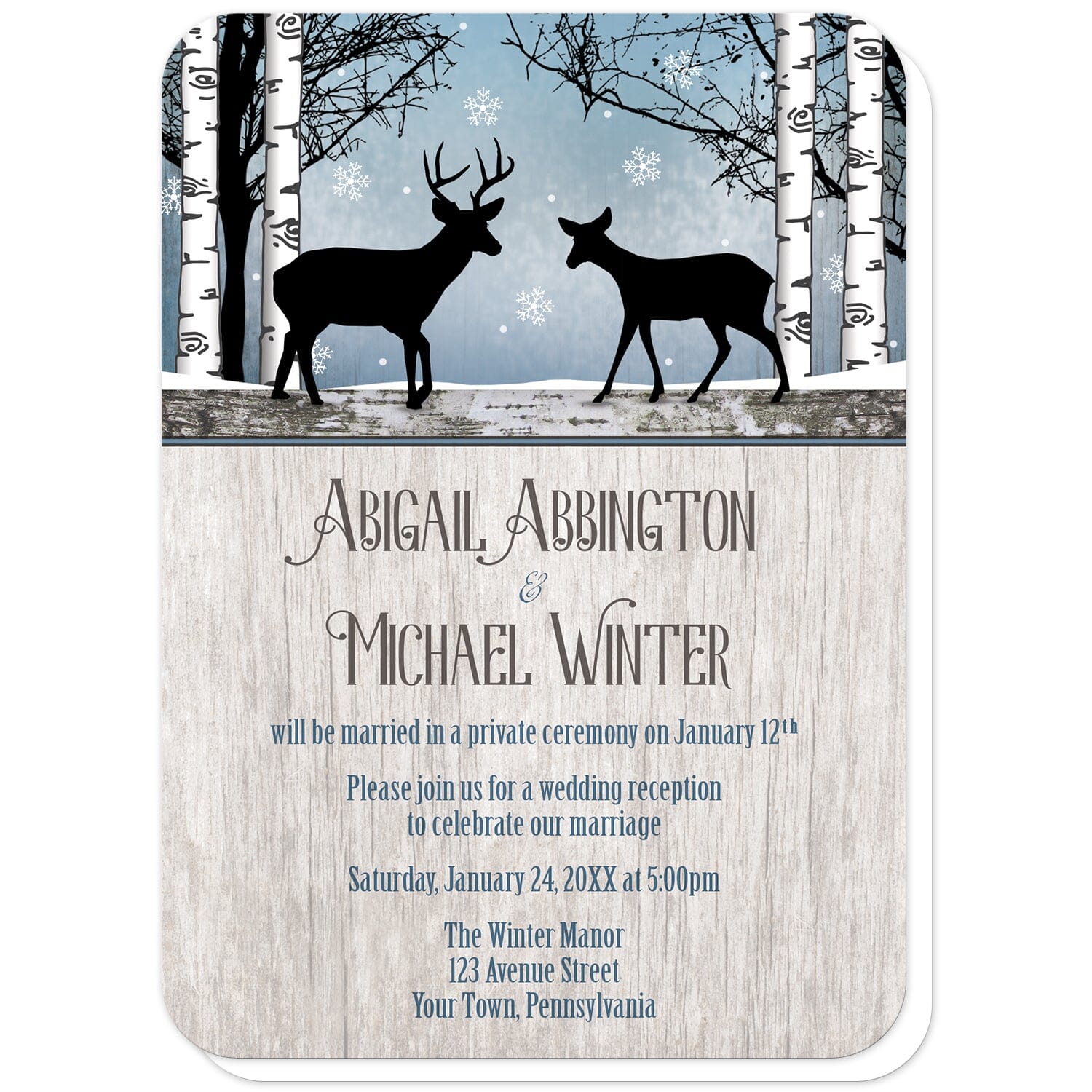 Rustic Blue Winter Deer Reception Only Invitations (with rounded corners) at Artistically Invited. Rustic blue winter deer reception only invitations with two silhouettes of deer surrounded by white birch trees over a snowy blue background with snowflakes. One silhouette is of a buck deer with antlers while the other is a gentle doe, meeting in the middle. Your personalized post-wedding reception details are custom printed in blue and brown over a light country wood background.
