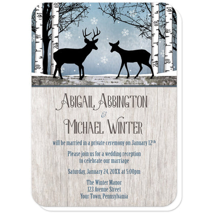 Rustic Blue Winter Deer Reception Only Invitations (with rounded corners) at Artistically Invited. Rustic blue winter deer reception only invitations with two silhouettes of deer surrounded by white birch trees over a snowy blue background with snowflakes. One silhouette is of a buck deer with antlers while the other is a gentle doe, meeting in the middle. Your personalized post-wedding reception details are custom printed in blue and brown over a light country wood background.