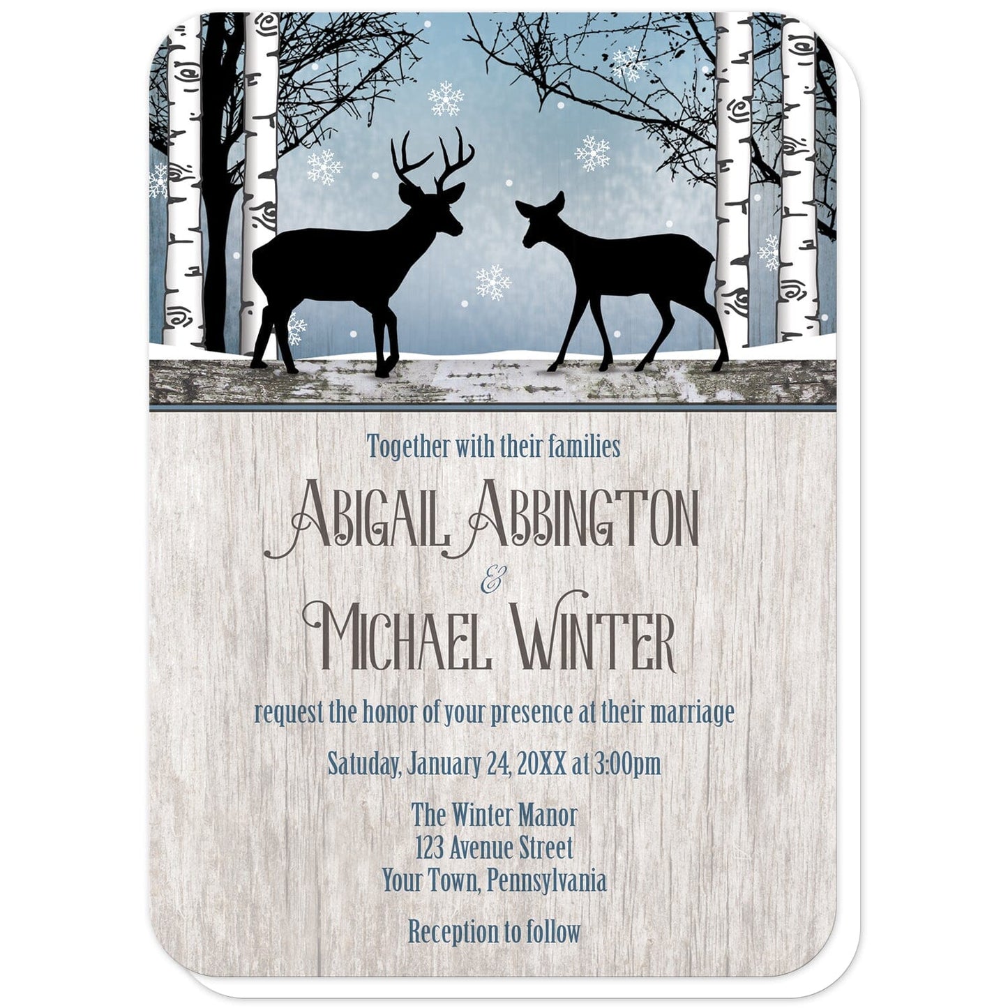 Rustic Blue Winter Deer Wedding Invitations (with rounded corners) at Artistically Invited. Rustic blue winter deer wedding invitations with two silhouettes of deer surrounded by white birch trees over a snowy blue background with snowflakes. One silhouette is of a buck deer with antlers while the other is a gentle doe, meeting in the middle. Your personalized marriage celebration details are custom printed in blue and brown over a light country wood background.