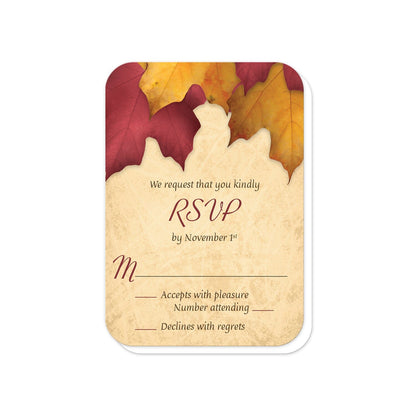 Rustic Burgundy Gold Autumn RSVP Cards (with rounded corners) at Artistically Invited.