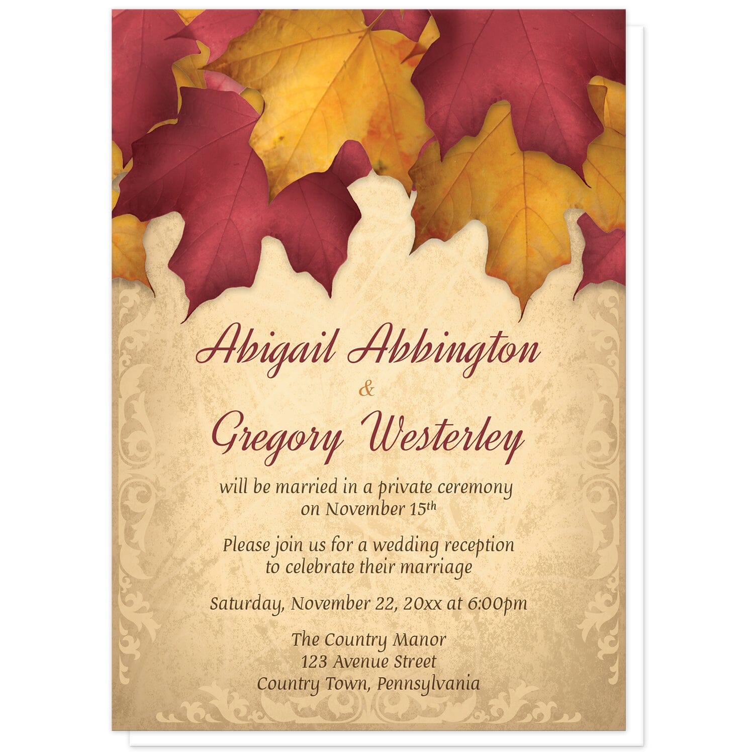Rustic Burgundy Gold Autumn Reception Only Invitations at Artistically Invited. Rustic burgundy gold autumn reception only invitations with an arrangement of burgundy and gold fall leaves along the top over a beautiful gold colored background with elegant flourishes along the edges. Your personalized post-wedding reception details are custom printed in burgundy and brown over the gold background.