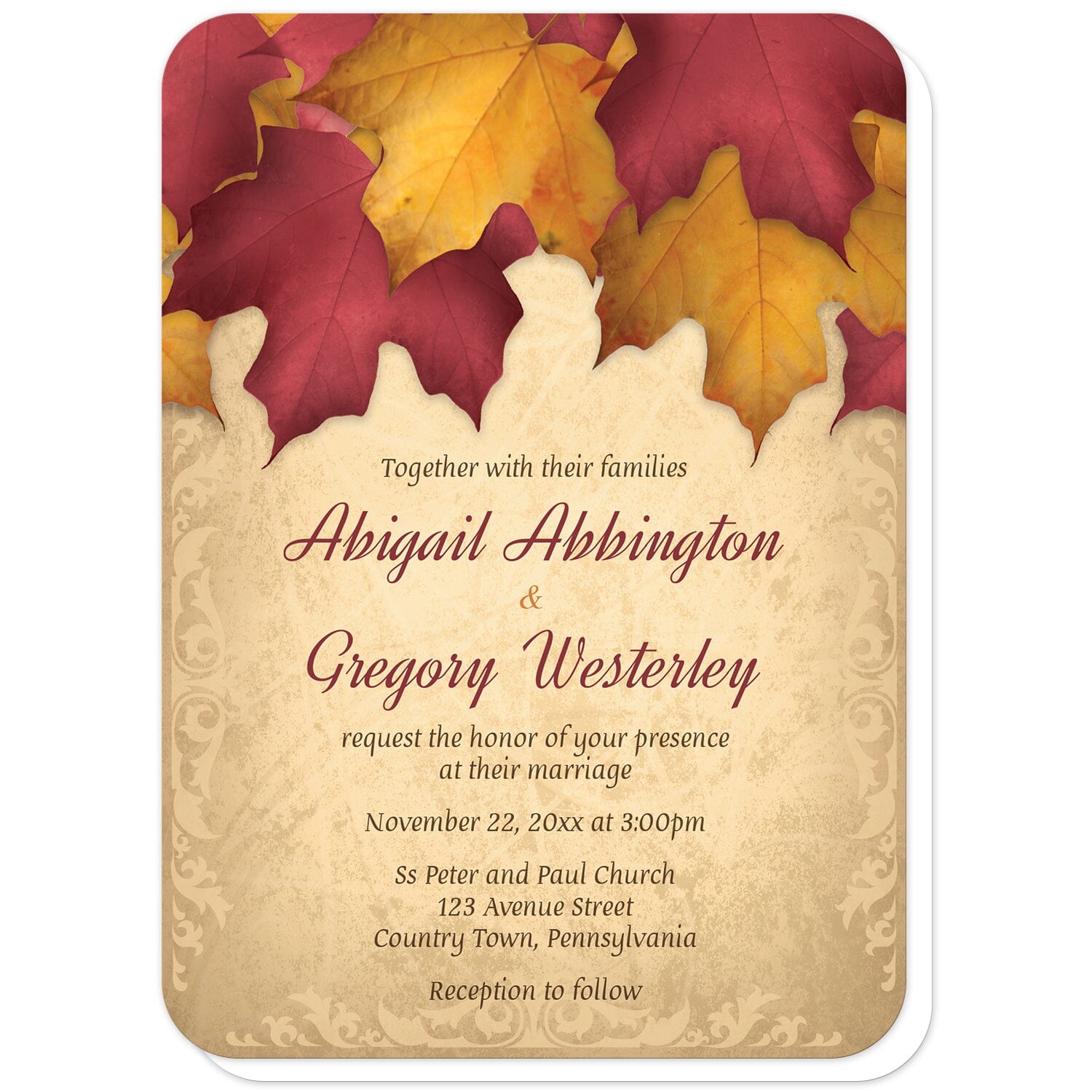 Rustic Burgundy Gold Autumn Wedding Invitations (with rounded corners) at Artistically Invited. Rustic burgundy gold autumn wedding invitations with an arrangement of burgundy and gold fall leaves along the top over a beautiful gold colored background with elegant flourishes along the edges. Your personalized marriage celebration details are custom printed in burgundy and brown over the gold background.