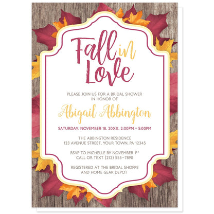 Rustic Burgundy Gold Fall in Love Bridal Shower Invitations at Artistically Invited. Beautiful rustic burgundy gold Fall in Love bridal shower invitations with burgundy and gold autumn leaves under a white frame area outlined in burgundy and gold on a rustic wood background. Your personalized bridal shower celebration details are custom printed in burgundy, gold, and light brown in the center on white. 