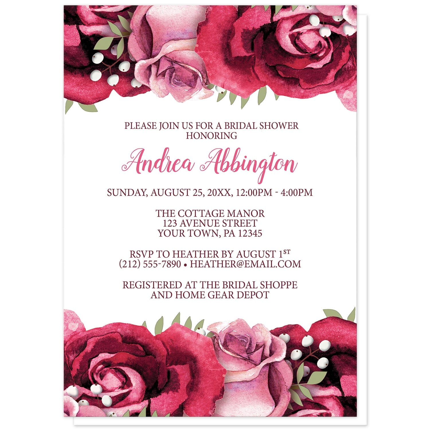 Rustic Burgundy Pink Rose White Bridal Shower Invitations at Artistically Invited. Rustic burgundy pink rose white bridal shower invitations with beautiful burgundy red and pink roses along the top and bottom over a white background. Your personalized bridal shower celebration details are custom printed in light and dark burgundy on white in the center between the roses.