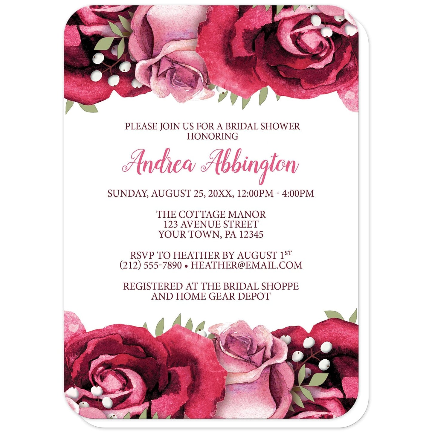 Rustic Burgundy Pink Rose White Bridal Shower Invitations (with rounded corners) at Artistically Invited. Rustic burgundy pink rose white bridal shower invitations with beautiful burgundy red and pink roses along the top and bottom over a white background. Your personalized bridal shower celebration details are custom printed in light and dark burgundy on white in the center between the roses.