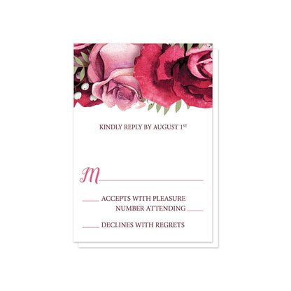 Rustic Burgundy Pink Rose White RSVP Cards at Artistically Invited.