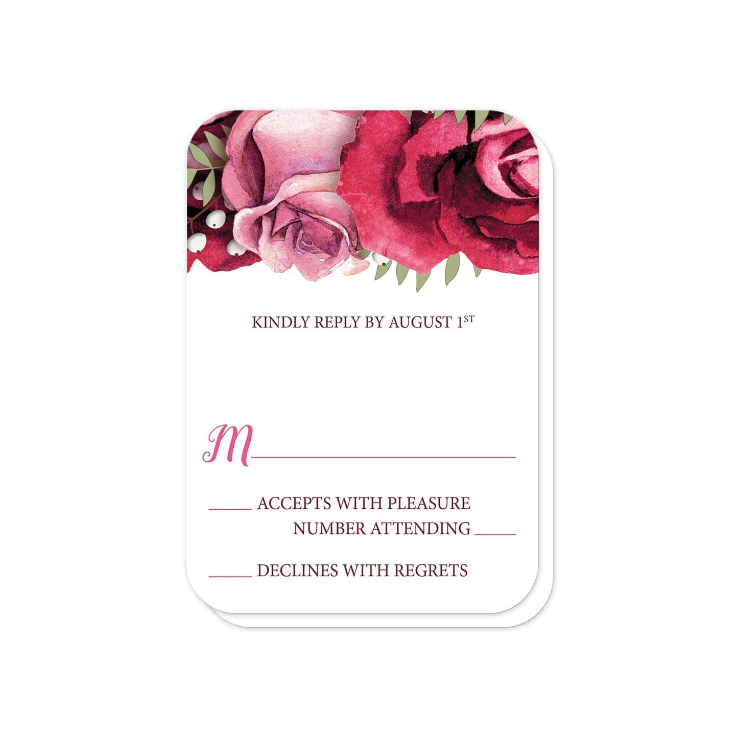 Rustic Burgundy Pink Rose White RSVP Cards (with rounded corners) at Artistically Invited.