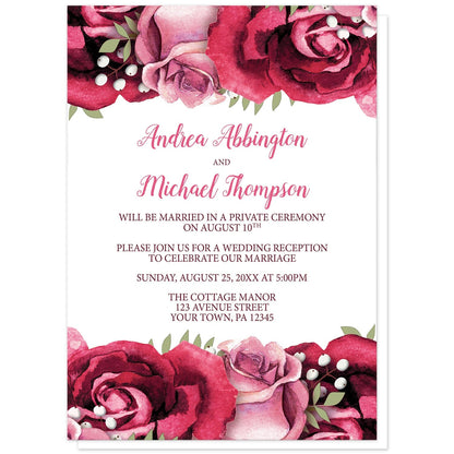 Rustic Burgundy Pink Rose White Reception Only Invitations at Artistically Invited. Rustic burgundy pink rose white reception only invitations with beautiful burgundy red and pink roses along the top and bottom over a white background. Your personalized post-wedding reception details are custom printed in light and dark burgundy on white in the center between the roses.
