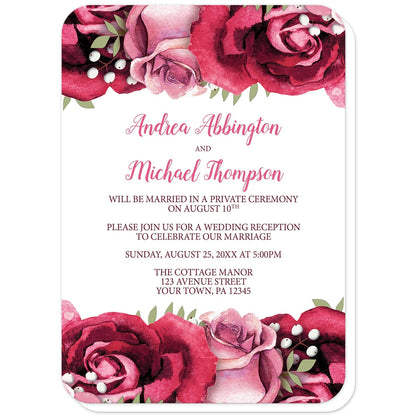 Rustic Burgundy Pink Rose White Reception Only Invitations (with rounded corners) at Artistically Invited. Rustic burgundy pink rose white reception only invitations with beautiful burgundy red and pink roses along the top and bottom over a white background. Your personalized post-wedding reception details are custom printed in light and dark burgundy on white in the center between the roses.