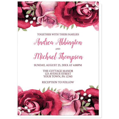 Rustic Burgundy Pink Rose White Wedding Invitations at Artistically Invited. Rustic burgundy pink rose white wedding invitations with beautiful burgundy red and pink roses along the top and bottom over a white background. Your personalized marriage celebration details are custom printed in light and dark burgundy on white in the center between the roses.