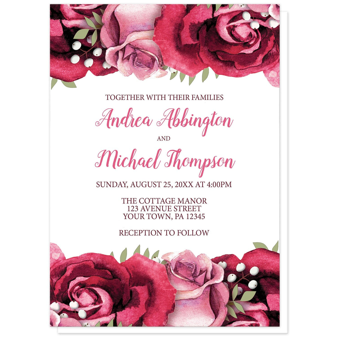 Rustic Burgundy Pink Rose White Wedding Invitations – Artistically Invited