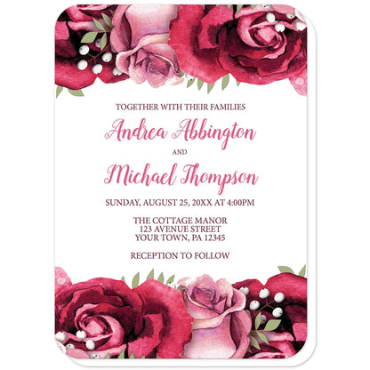 Rustic Burgundy Pink Rose White Wedding Invitations (with rounded corners) at Artistically Invited. Rustic burgundy pink rose white wedding invitations with beautiful burgundy red and pink roses along the top and bottom over a white background. Your personalized marriage celebration details are custom printed in light and dark burgundy on white in the center between the roses.