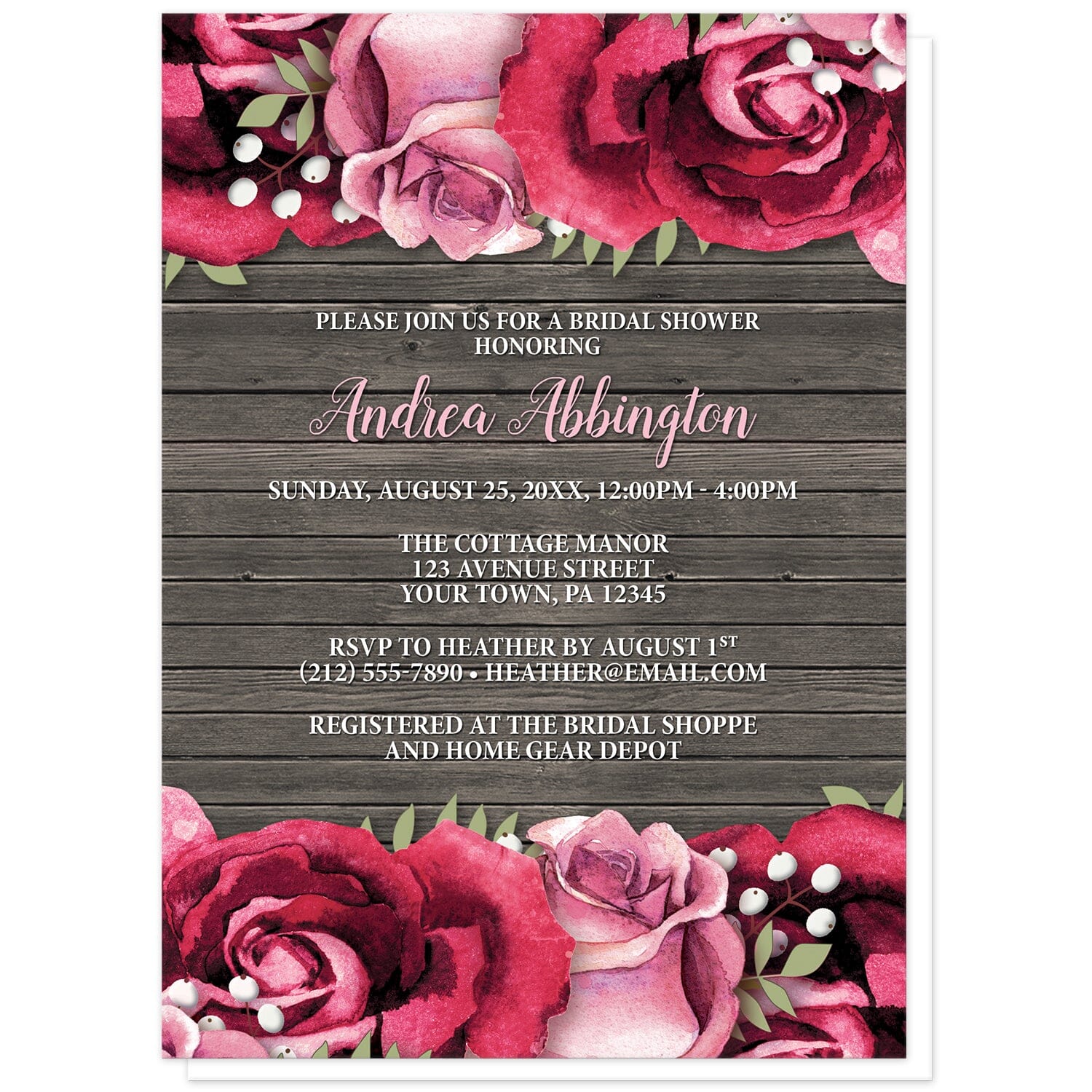 Rustic Burgundy Pink Rose Wood Bridal Shower Invitations at Artistically Invited. Rustic burgundy pink rose wood bridal shower invitations with beautiful burgundy red and pink roses along the top and bottom over a brown wood background design. Your personalized bridal shower celebration details are custom printed in pink and white over the rustic wood background in the center between the roses.
