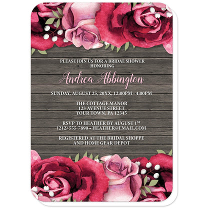 Rustic Burgundy Pink Rose Wood Bridal Shower Invitations (with rounded corners) at Artistically Invited. Rustic burgundy pink rose wood bridal shower invitations with beautiful burgundy red and pink roses along the top and bottom over a brown wood background design. Your personalized bridal shower celebration details are custom printed in pink and white over the rustic wood background in the center between the roses.