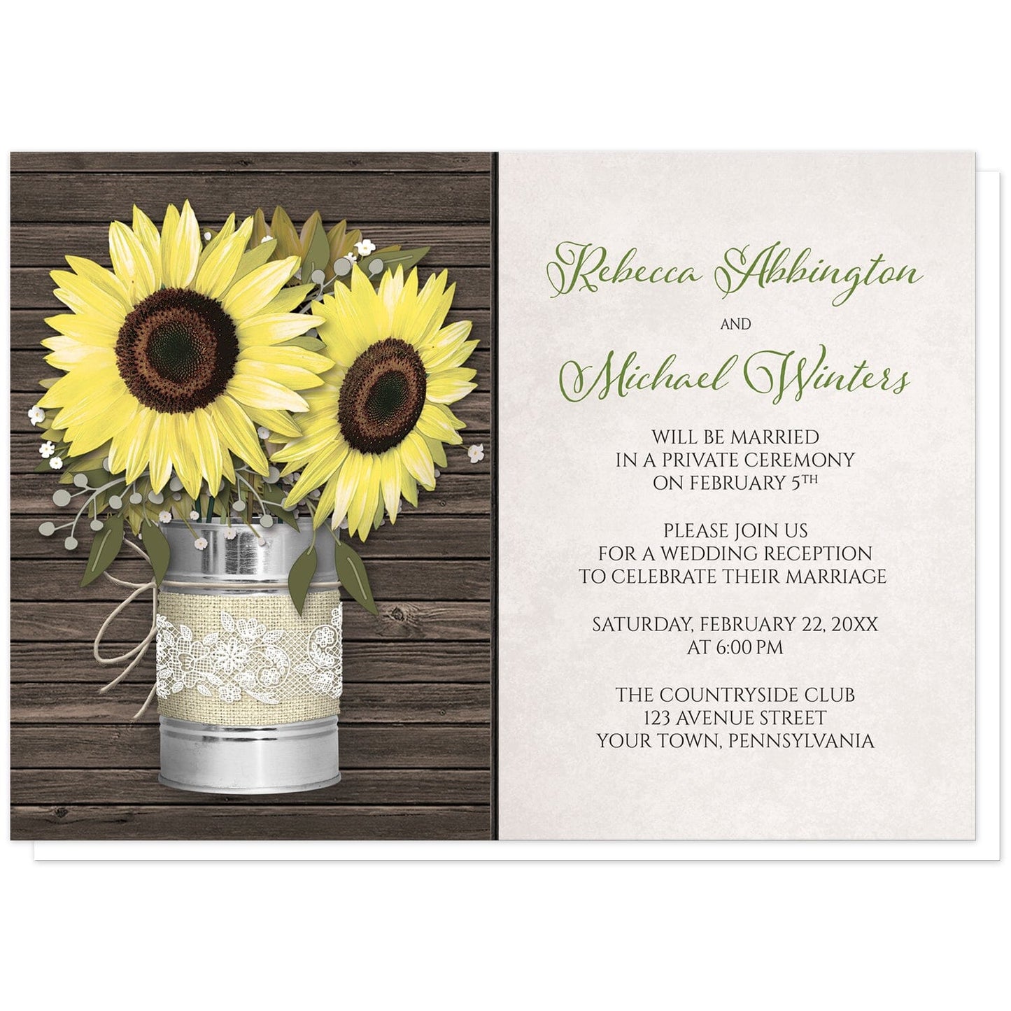 Rustic Burlap and Lace Tin Can Sunflower Reception Only Invitations at Artistically Invited. Rustic burlap and lace tin can sunflower reception only invitations with an illustration of big yellow sunflowers inside a rustic metal tin can wrapped in burlap and lace and tied with twine over a dark wood background. Your personalized post-wedding reception details are custom printed in green and brown over a beige background to the right of the tin can sunflowers.
