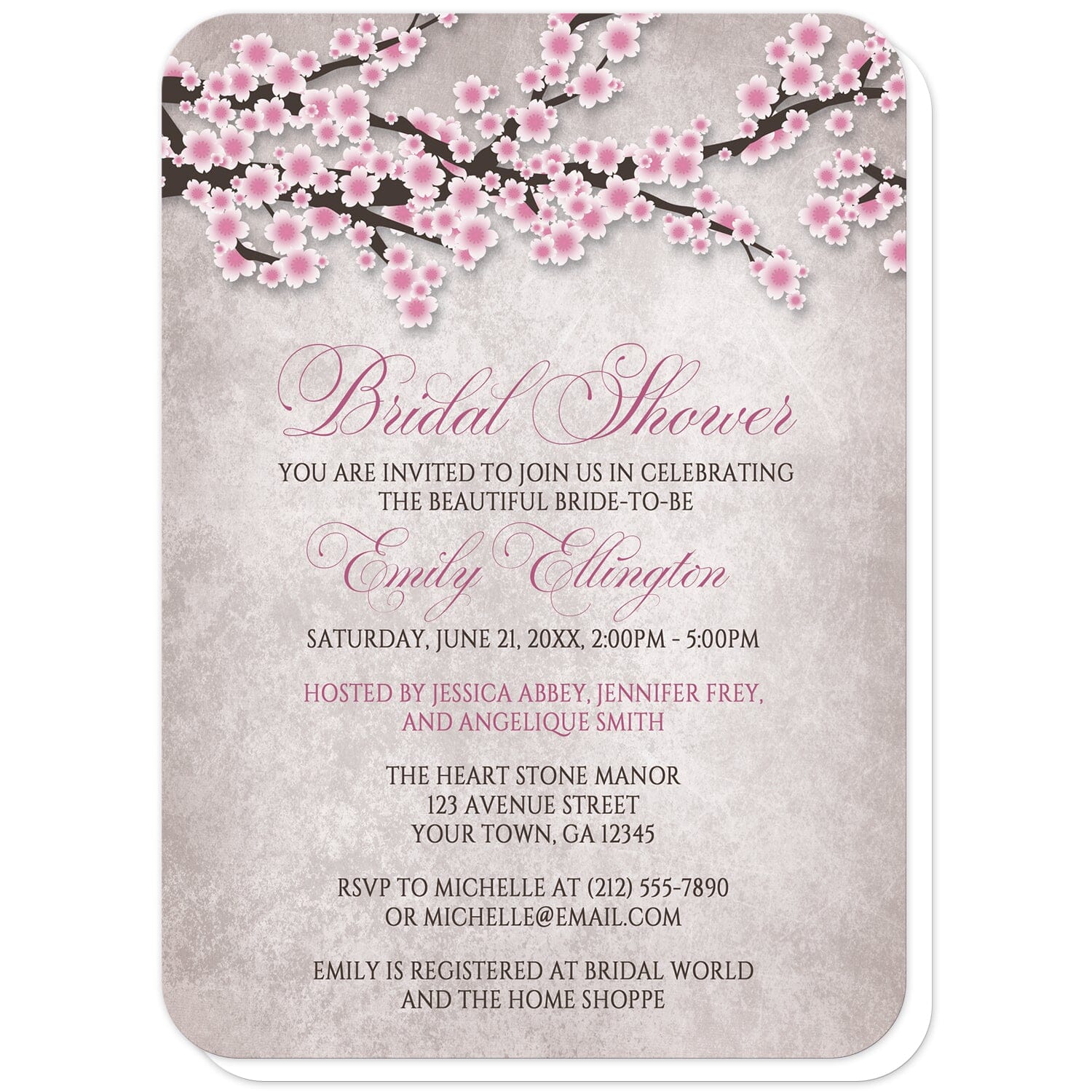 Rustic Pink Cherry Blossom Bridal Shower Invitations (with rounded corners) at Artistically Invited. Rustic pink cherry blossom bridal shower invitations featuring an illustration of pink and white with dark brown cherry blossom branches along the top. Your personalized bridal shower celebration details are custom printed in pink and dark brown over a stony grayish brown background below the pretty cherry blossom branches. 