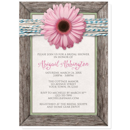 Rustic Chic Pink Daisy Turquoise Wood Bridal Shower Invitations at Artistically Invited. Southern-inspired rustic chic pink daisy turquoise wood bridal shower invitations with an illustration of a pink daisy flower over a turquoise, white, and off-white twine design along the top. Your personalized bridal shower celebration details are arranged in brown and pink over an off-white background with a rustic wood frame design around it.