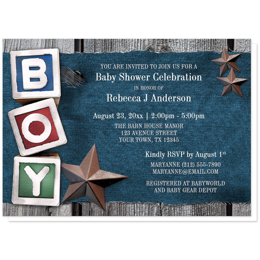 Rustic Country Boy Denim Baby Shower Invitations at Artistically Invited. Rustic country boy denim baby shower invitations with an illustration of toy blocks that spell "BOY" along the left side and brown rustic Texas stars over a blue fraying denim and rough wood background illustration. Your personalized baby shower celebration details are custom printed in white and light gray over the denim background.