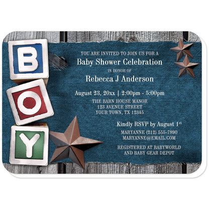 Rustic Country Boy Denim Baby Shower Invitations (with rounded corners) at Artistically Invited. Rustic country boy denim baby shower invitations with an illustration of toy blocks that spell "BOY" along the left side and brown rustic Texas stars over a blue fraying denim and rough wood background illustration. Your personalized baby shower celebration details are custom printed in white and light gray over the denim background.