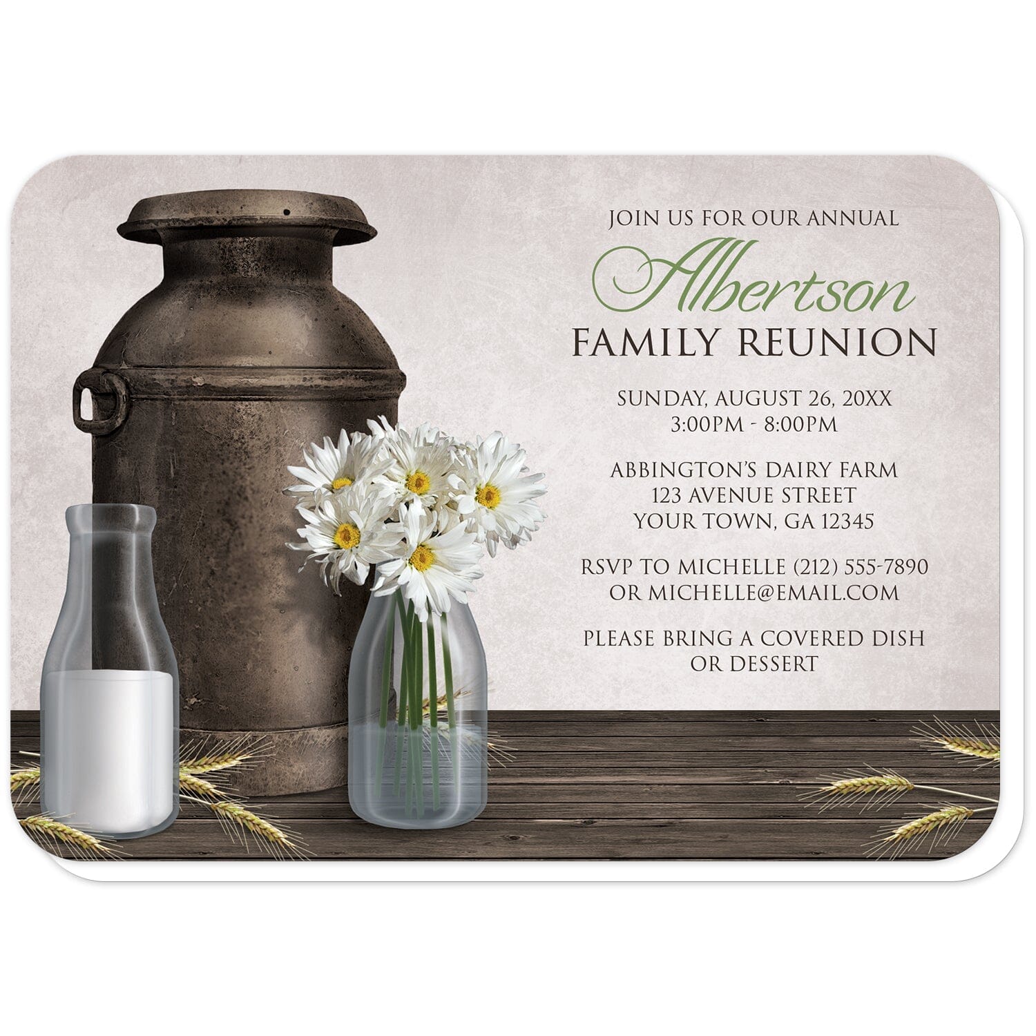 Rustic Country Dairy Farm Family Reunion Invitations (with rounded corners) at Artistically Invited. Rustic country dairy farm family reunion invitations with an illustration of an antique milk can, two milk bottles (one with milk, the other with white daisies and water) on a dark wood tabletop with hay stems. Your personalized reunion event details are custom printed in brown and green over a light parchment-colored background.