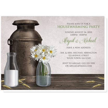 Rustic Country Dairy Farm Housewarming Invitations at Artistically Invited. Rustic country dairy farm housewarming invitations with an illustration of an antique milk can, two milk bottles (one with milk, the other with white daisies and water) on a dark wood tabletop with hay stems. Your personalized housewarming event details are custom printed in brown and green over a light parchment-colored background.
