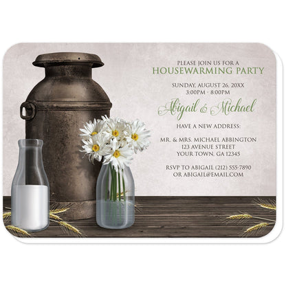 Rustic Country Dairy Farm Housewarming Invitations (with rounded corners) at Artistically Invited. Rustic country dairy farm housewarming invitations with an illustration of an antique milk can, two milk bottles (one with milk, the other with white daisies and water) on a dark wood tabletop with hay stems. Your personalized housewarming event details are custom printed in brown and green over a light parchment-colored background.