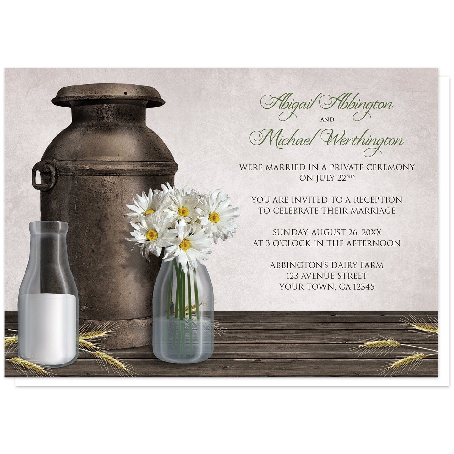Rustic Country Dairy Farm Reception Only Invitations at Artistically Invited. Rustic country dairy farm reception only invitations with an illustration of an antique milk can, two milk bottles (one with milk, the other with white daisies and water) on a dark wood tabletop with hay stems. Your personalized post-wedding reception details are custom printed in brown and green over a light parchment-colored background.