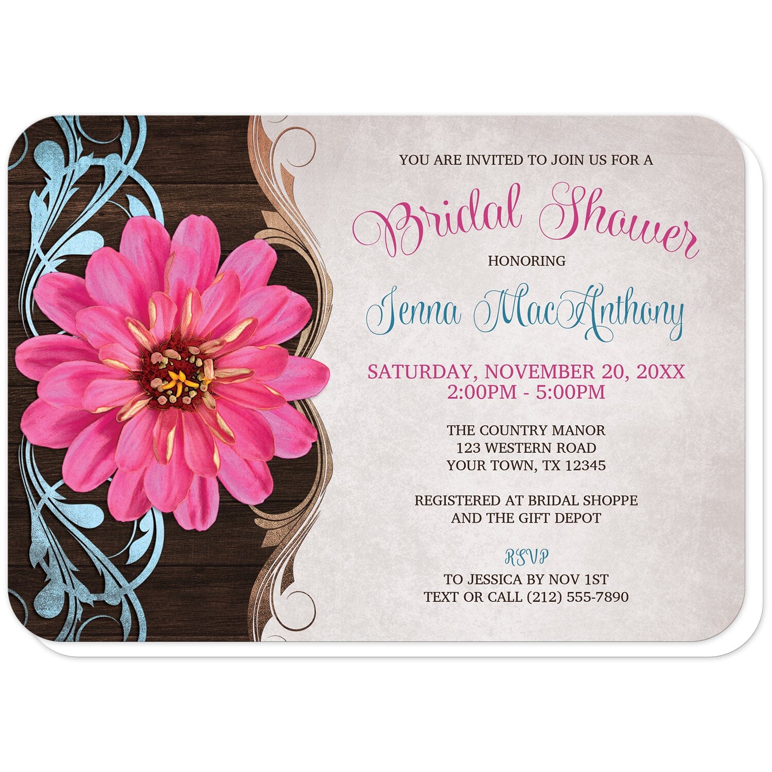 Rustic Country Pink Zinnia Bridal Shower Invitations (with rounded corners) at Artistically Invited. Southern-inspired rustic country pink zinnia bridal shower invitations with a pretty and vibrant pink zinnia flower over a brown wood pattern with blue and tan flourishes along the left side. Your personalized bridal shower celebration details are custom printed in brown, blue, and pink over a light parchment-colored background.