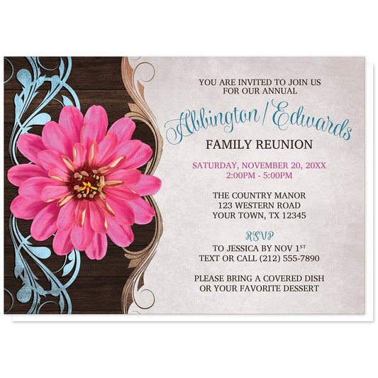 Rustic Country Pink Zinnia Family Reunion Invitations at Artistically Invited. Southern-inspired rustic country pink zinnia family reunion invitations with a pretty and vibrant pink zinnia flower over a brown wood pattern with blue and tan flourishes along the left side. Your personalized reunion celebration details are custom printed in brown, blue, and pink over a light parchment-colored background.