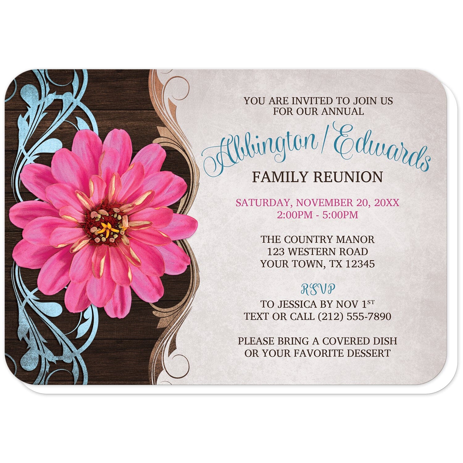 Rustic Country Pink Zinnia Family Reunion Invitations (with rounded corners) at Artistically Invited. Southern-inspired rustic country pink zinnia family reunion invitations with a pretty and vibrant pink zinnia flower over a brown wood pattern with blue and tan flourishes along the left side. Your personalized reunion celebration details are custom printed in brown, blue, and pink over a light parchment-colored background.