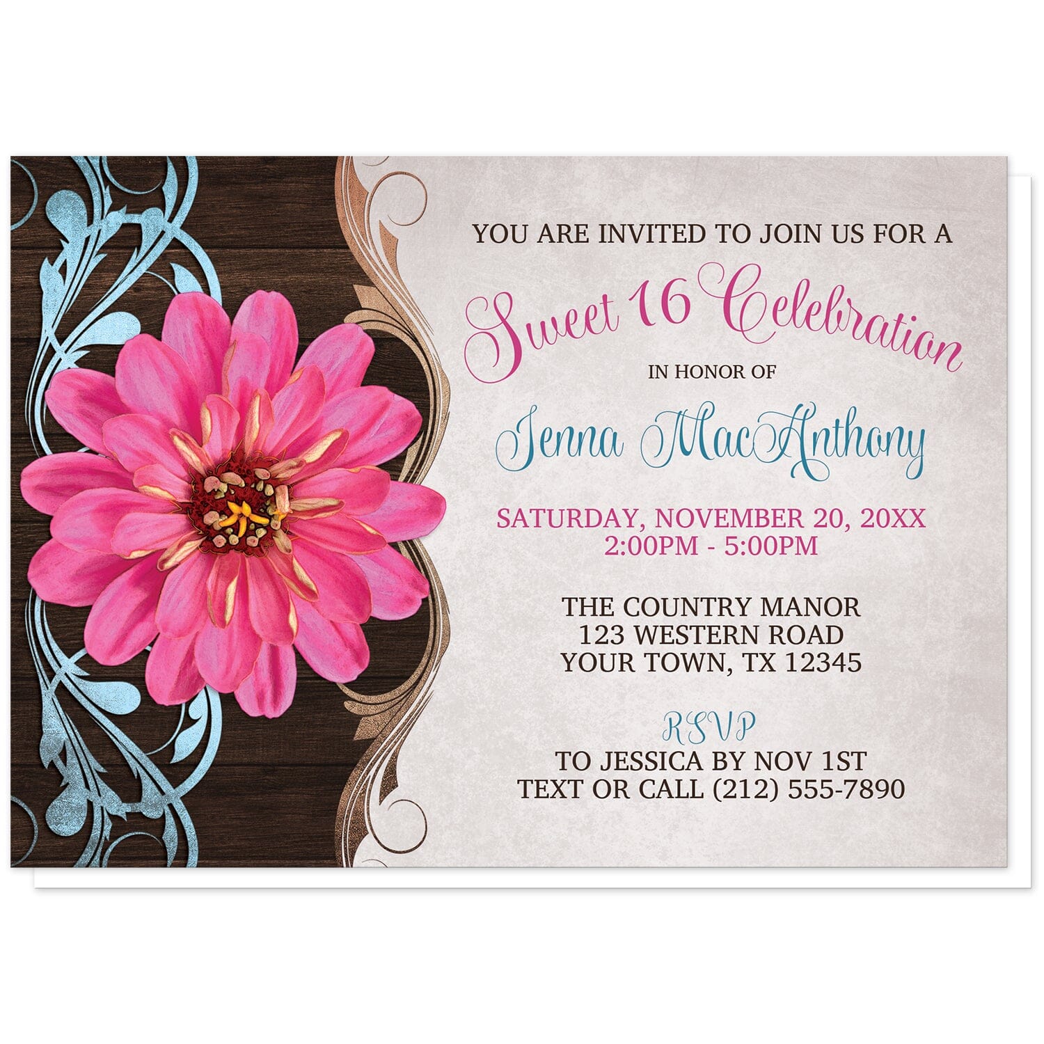 Rustic Country Pink Zinnia Sweet 16 Invitations at Artistically Invited. Southern-inspired rustic country pink zinnia Sweet 16 invitations with a pretty and vibrant pink zinnia flower over a brown wood pattern with blue and tan flourishes along the left side. Your personalized sweet sixteen party details are custom printed in brown, blue, and pink over a light parchment-colored background.