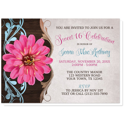 Rustic Country Pink Zinnia Sweet 16 Invitations at Artistically Invited. Southern-inspired rustic country pink zinnia Sweet 16 invitations with a pretty and vibrant pink zinnia flower over a brown wood pattern with blue and tan flourishes along the left side. Your personalized sweet sixteen party details are custom printed in brown, blue, and pink over a light parchment-colored background.