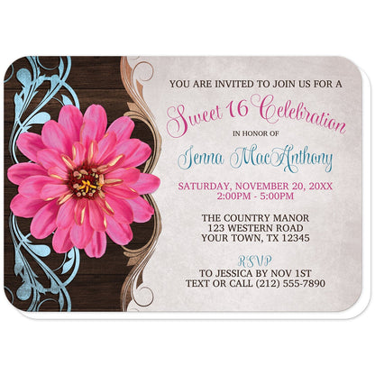 Rustic Country Pink Zinnia Sweet 16 Invitations (with rounded corners) at Artistically Invited. Southern-inspired rustic country pink zinnia Sweet 16 invitations with a pretty and vibrant pink zinnia flower over a brown wood pattern with blue and tan flourishes along the left side. Your personalized sweet sixteen party details are custom printed in brown, blue, and pink over a light parchment-colored background.