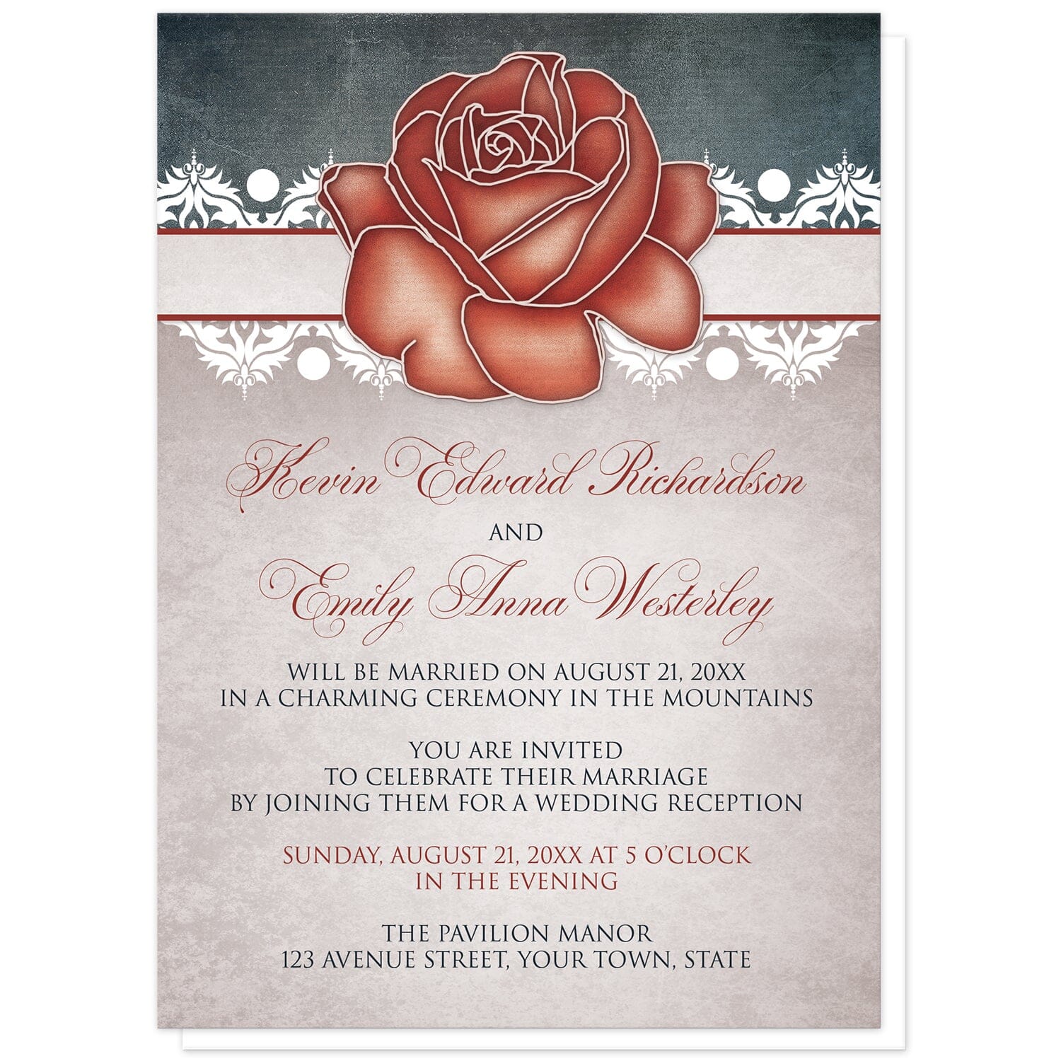 Rustic Country Rose Blue Reception Only Invitations at Artistically Invited. Rustic country rose blue reception only invitations designed with an eclectic mix of rustic, vintage, and modern elements. They feature an artistic red rose at the top over a stripe lined with white damask elements with a dark navy blue design at the top. Your personalized post-wedding reception details are custom printed in red and navy blue over a beige vintage parchment illustration below the rose.
