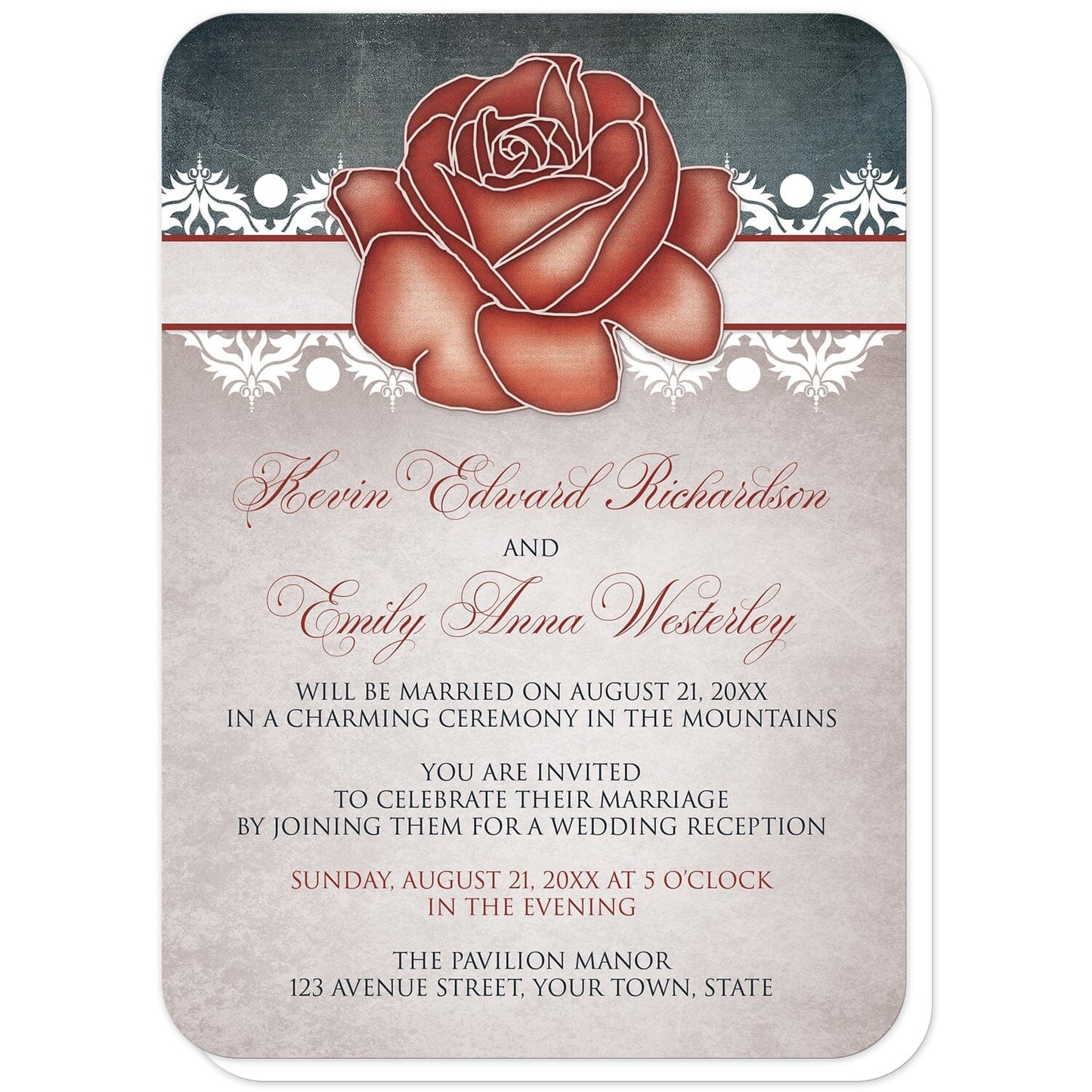 Rustic Country Rose Blue Reception Only Invitations (with rounded corners) at Artistically Invited. Rustic country rose blue reception only invitations designed with an eclectic mix of rustic, vintage, and modern elements. They feature an artistic red rose at the top over a stripe lined with white damask elements with a dark navy blue design at the top. Your personalized post-wedding reception details are custom printed in red and navy blue over a beige vintage parchment illustration below the rose.