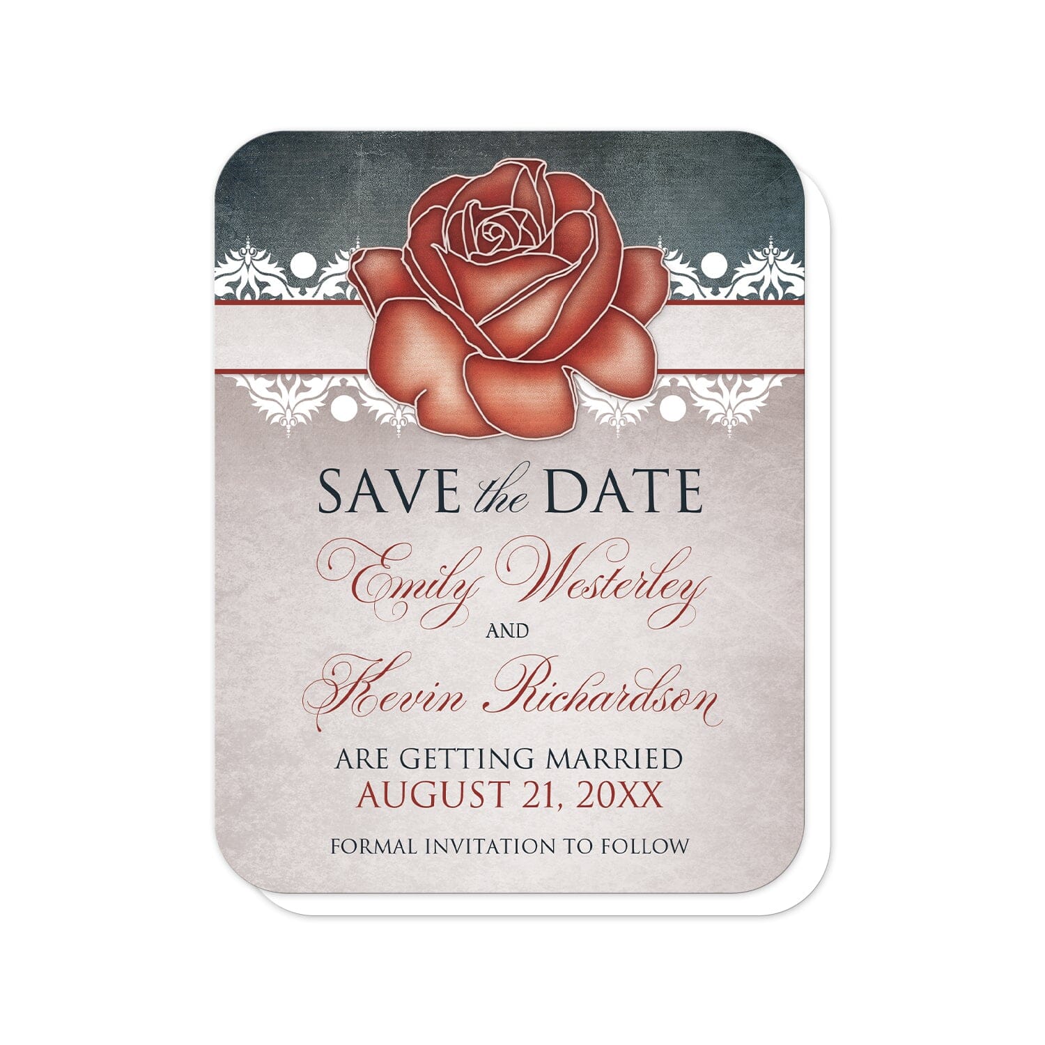 Rustic Country Rose Blue Save the Date Cards (with rounded corners) at Artistically Invited. Rustic country rose blue save the date cards designed with an eclectic mix of rustic, vintage, and modern elements. They feature an artistic red rose at the top over a stripe lined with white damask elements with a dark navy blue design at the top. Your personalized wedding date announcement details are custom printed in red and navy blue over a beige vintage parchment illustration below the rose.