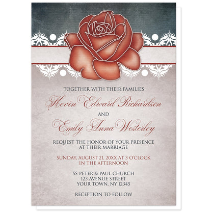 Rustic Country Rose Blue Wedding Invitations at Artistically Invited. Rustic country rose blue wedding invitations designed with an eclectic mix of rustic, vintage, and modern elements. They feature an artistic red rose at the top over a stripe lined with white damask elements with a dark navy blue design at the top. Your personalized marriage celebration details are custom printed in red and navy blue over a beige vintage parchment illustration below the rose.
