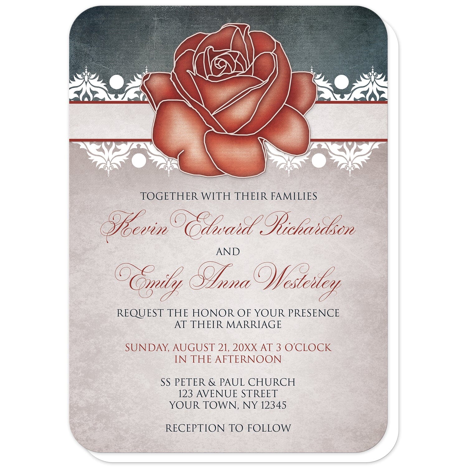 Rustic Country Rose Blue Wedding Invitations (with rounded corners) at Artistically Invited. Rustic country rose blue wedding invitations designed with an eclectic mix of rustic, vintage, and modern elements. They feature an artistic red rose at the top over a stripe lined with white damask elements with a dark navy blue design at the top. Your personalized marriage celebration details are custom printed in red and navy blue over a beige vintage parchment illustration below the rose.