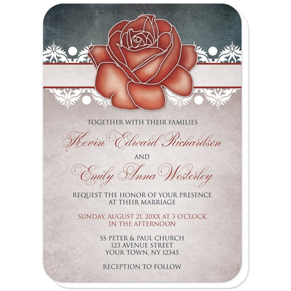 Rustic Country Rose Blue Wedding Invitations (with rounded corners) at Artistically Invited. Rustic country rose blue wedding invitations designed with an eclectic mix of rustic, vintage, and modern elements. They feature an artistic red rose at the top over a stripe lined with white damask elements with a dark navy blue design at the top. Your personalized marriage celebration details are custom printed in red and navy blue over a beige vintage parchment illustration below the rose.