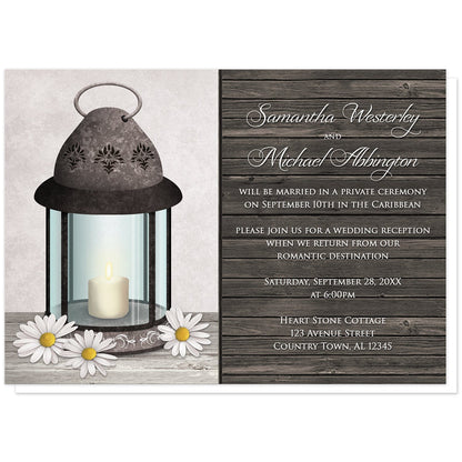 Rustic Daisy Lantern Wood Reception Only Invitations at Artistically Invited. Country-inspired rustic daisy lantern wood reception only invitations with an old rustic but elegant ornate metal lantern illustration with a lit candle inside, daisies around it on a light wood tabletop, in front of a rustic light gray parchment background on the left side of the invitations. You personalized post-wedding reception details are custom printed in white over a dark wood pattern on the right side.