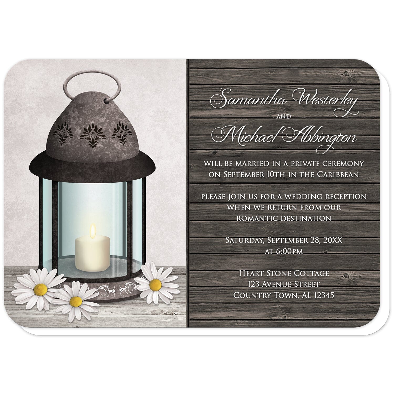 Rustic Daisy Lantern Wood Reception Only Invitations (with rounded corners) at Artistically Invited. Country-inspired rustic daisy lantern wood reception only invitations with an old rustic but elegant ornate metal lantern illustration with a lit candle inside, daisies around it on a light wood tabletop, in front of a rustic light gray background on the left side of the invitations. You personalized post-wedding reception details are custom printed in white over a dark wood pattern on the right side.