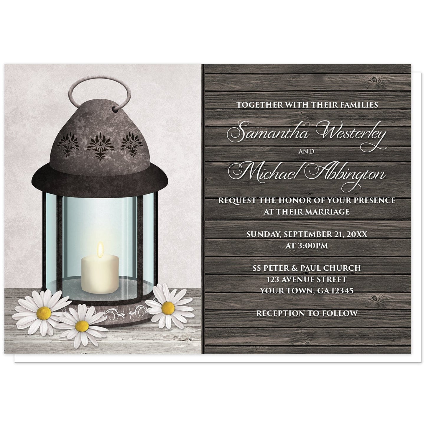 Rustic Daisy Lantern Wood Wedding Invitations at Artistically Invited. Country-inspired rustic daisy lantern wood wedding invitations with an old rustic but elegant ornate metal lantern illustration with a lit candle inside, daisies around it on a light wood tabletop, in front of a rustic light gray parchment background on the left side of the invitations. You personalized marriage celebration details are custom printed in white over a dark wood pattern on the right side.