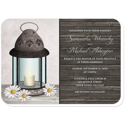 Rustic Daisy Lantern Wood Wedding Invitations (with rounded corners) at Artistically Invited. Country-inspired rustic daisy lantern wood wedding invitations with an old rustic but elegant ornate metal lantern illustration with a lit candle inside, daisies around it on a light wood tabletop, in front of a rustic light gray parchment background on the left side of the invitations. You personalized marriage celebration details are custom printed in white over a dark wood pattern on the right side.